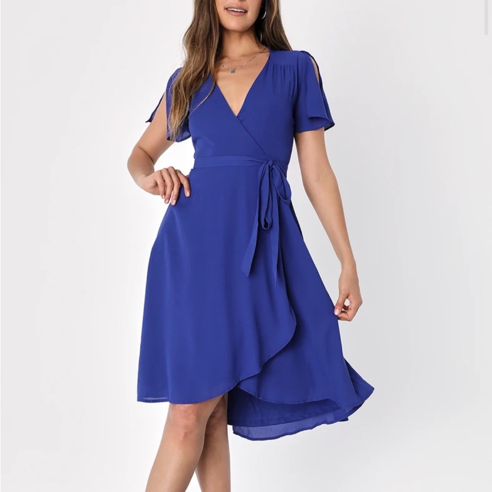 Lulu’s rise to the occasion royal blue midi wrap dress